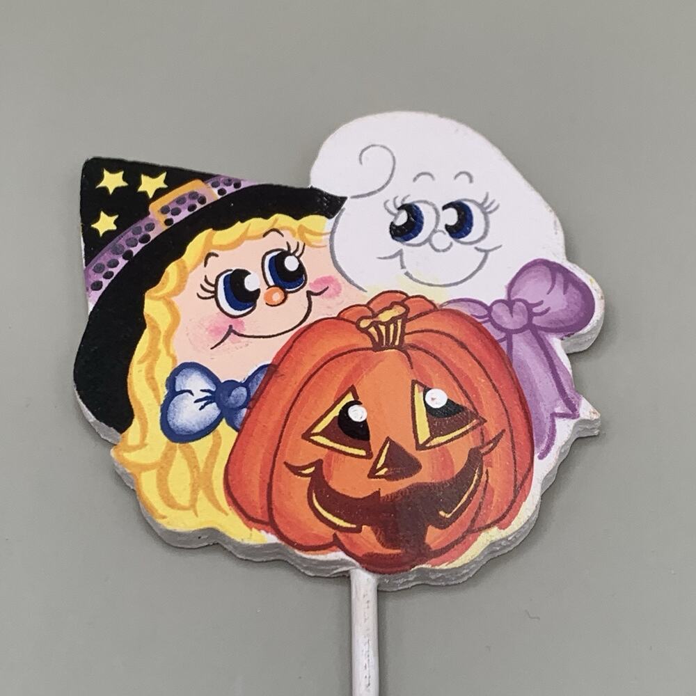 Vintage Halloween Wooden Pick Ghost Witch Jack O Lantern 10.5” Double Sided
